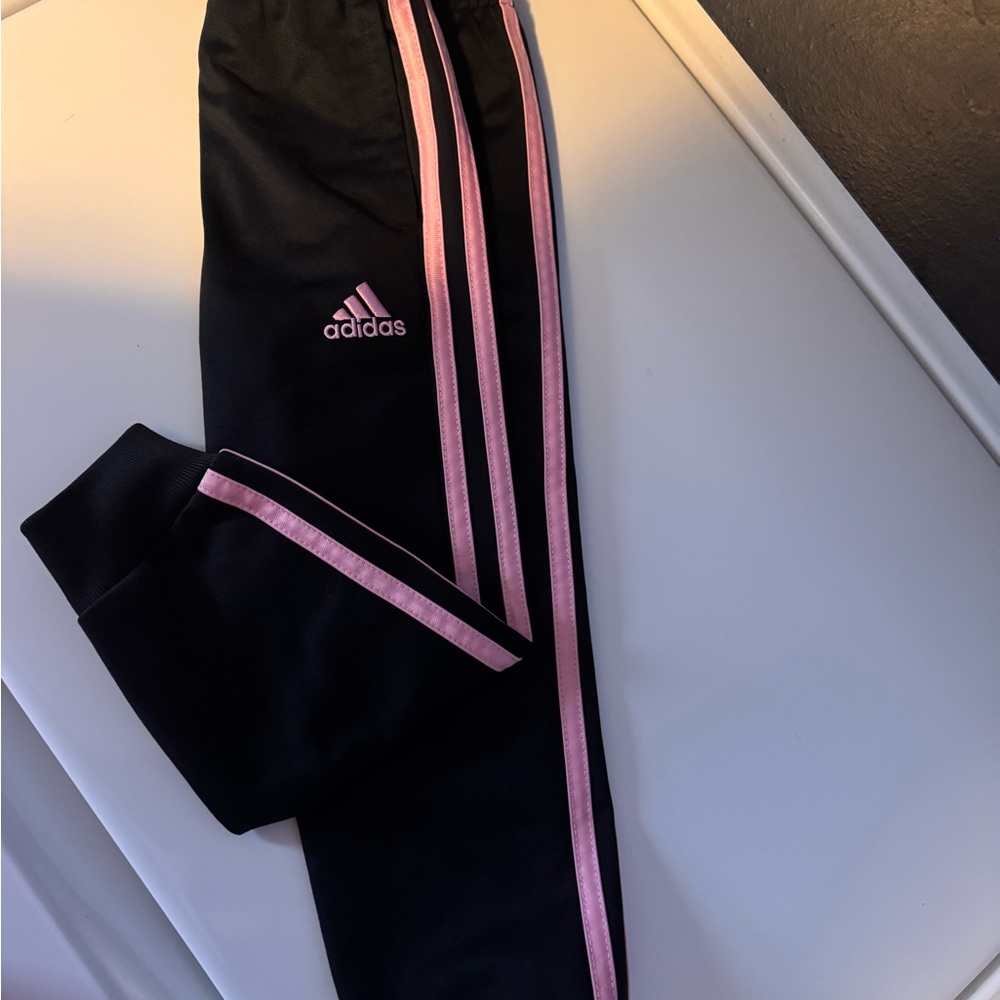 Adidas Kids Black Joggers with Pink Stripes